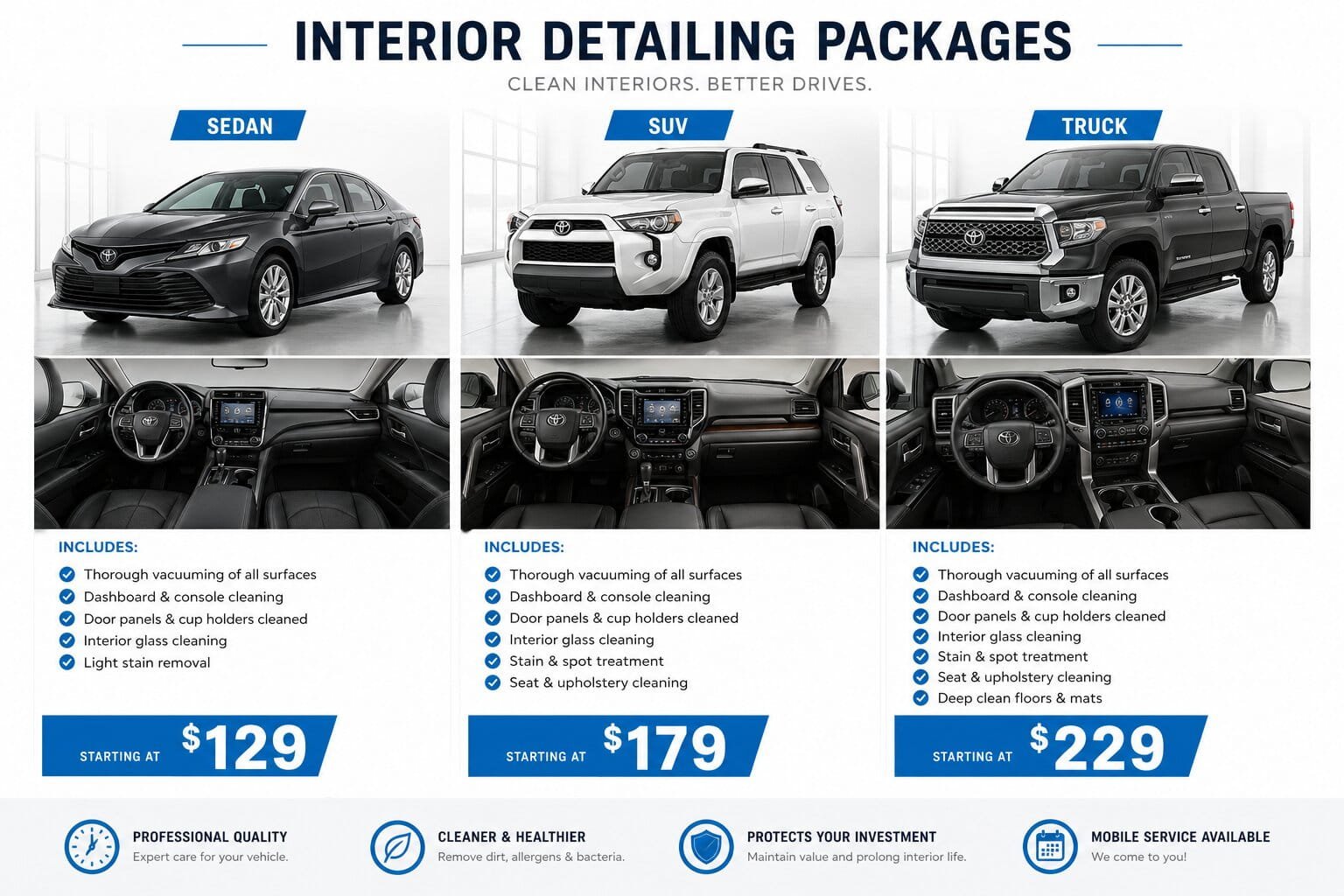 Interior detailing cost comparison for sedan SUV and truck in San Francisco CA