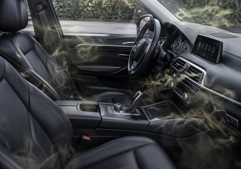 Car interior showing bad smell problem after cleaning with visible odor issues in seats and AC system