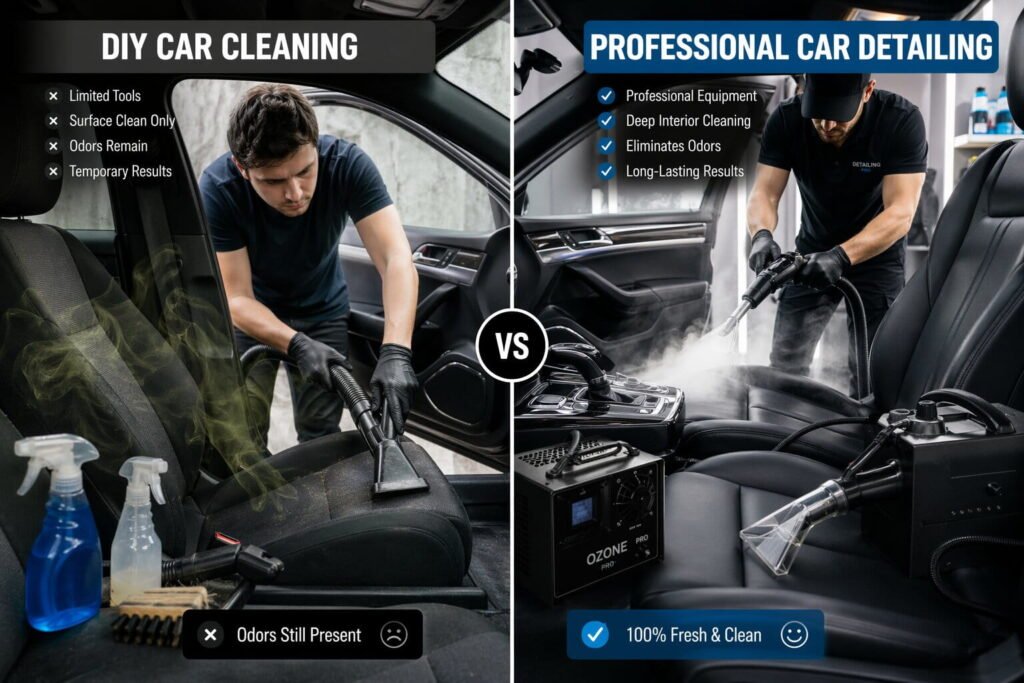 Side by side comparison of DIY car cleaning with weak results and professional detailing showing deep cleaning equipment