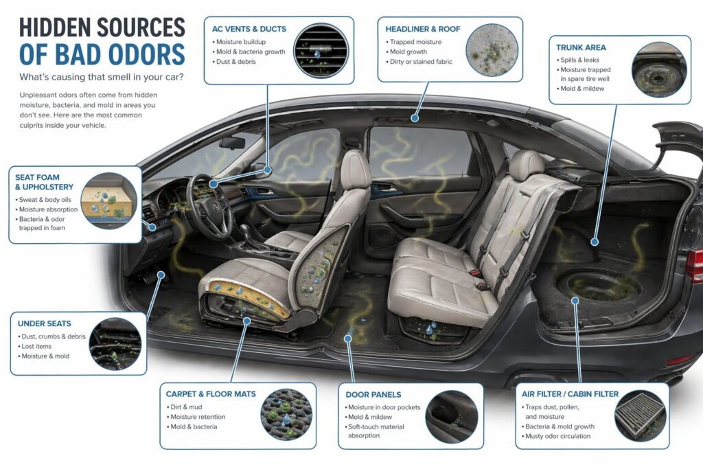 Car interior diagram showing hidden odor sources like seat foam, AC vents, and carpets causing bad smell