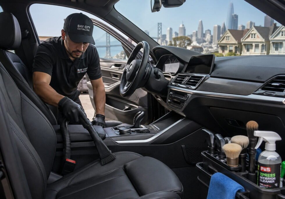 Interior car detailing service in San Francisco CA showing clean seats dashboard and carpet