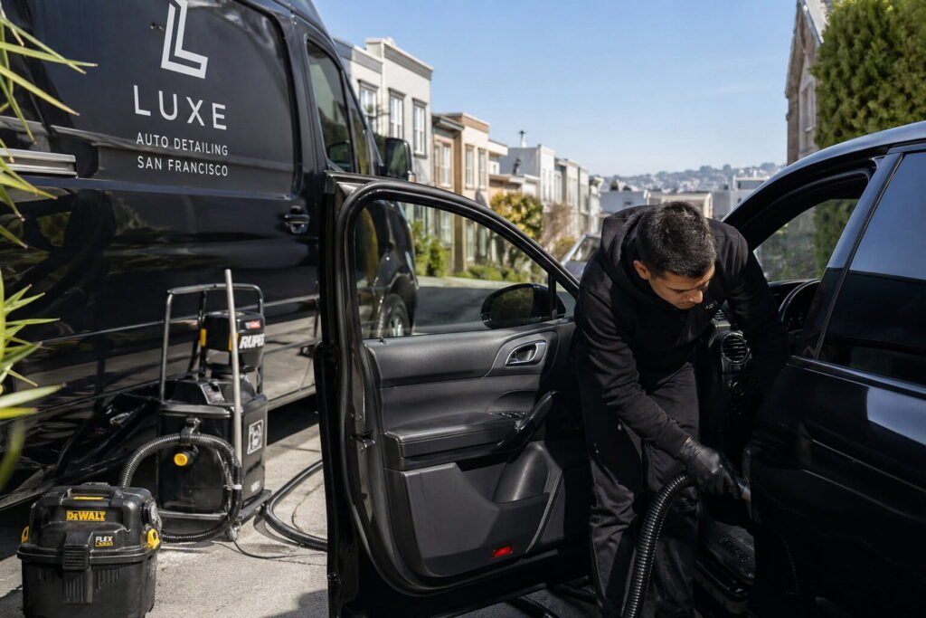 Mobile interior detailing van cleaning car interior at home in San Francisco CA