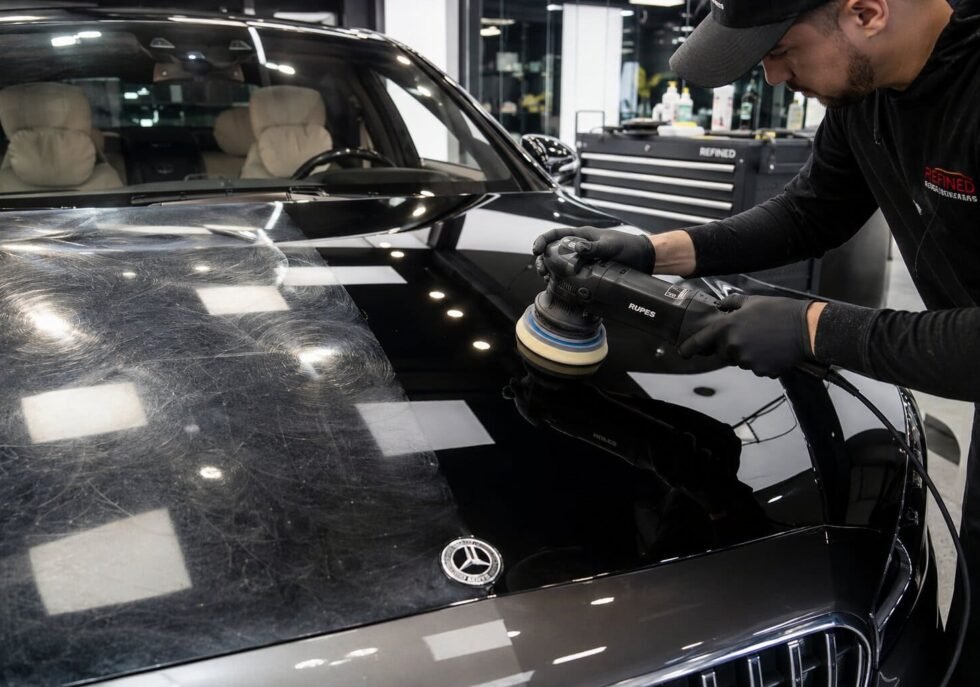 Car undergoing professional paint correction in San Francisco showing swirl removal and glossy restored paint finish